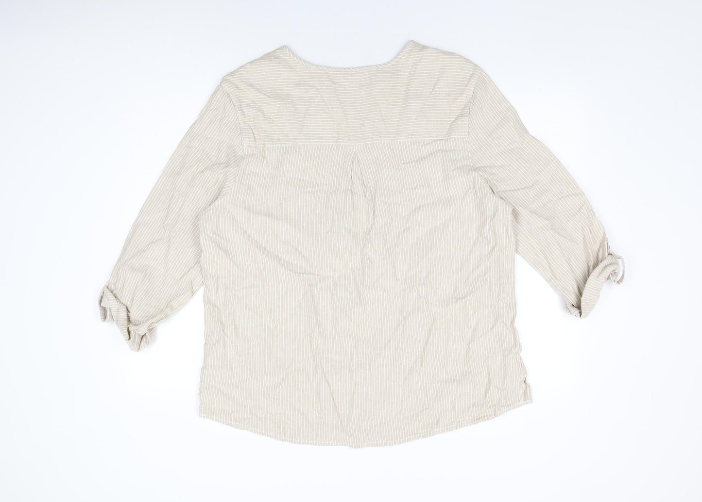 Cotton Traders Womens Beige Striped Linen Basic T-Shirt Size 18 V-Neck