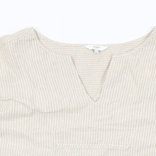 Cotton Traders Womens Beige Striped Linen Basic T-Shirt Size 18 V-Neck