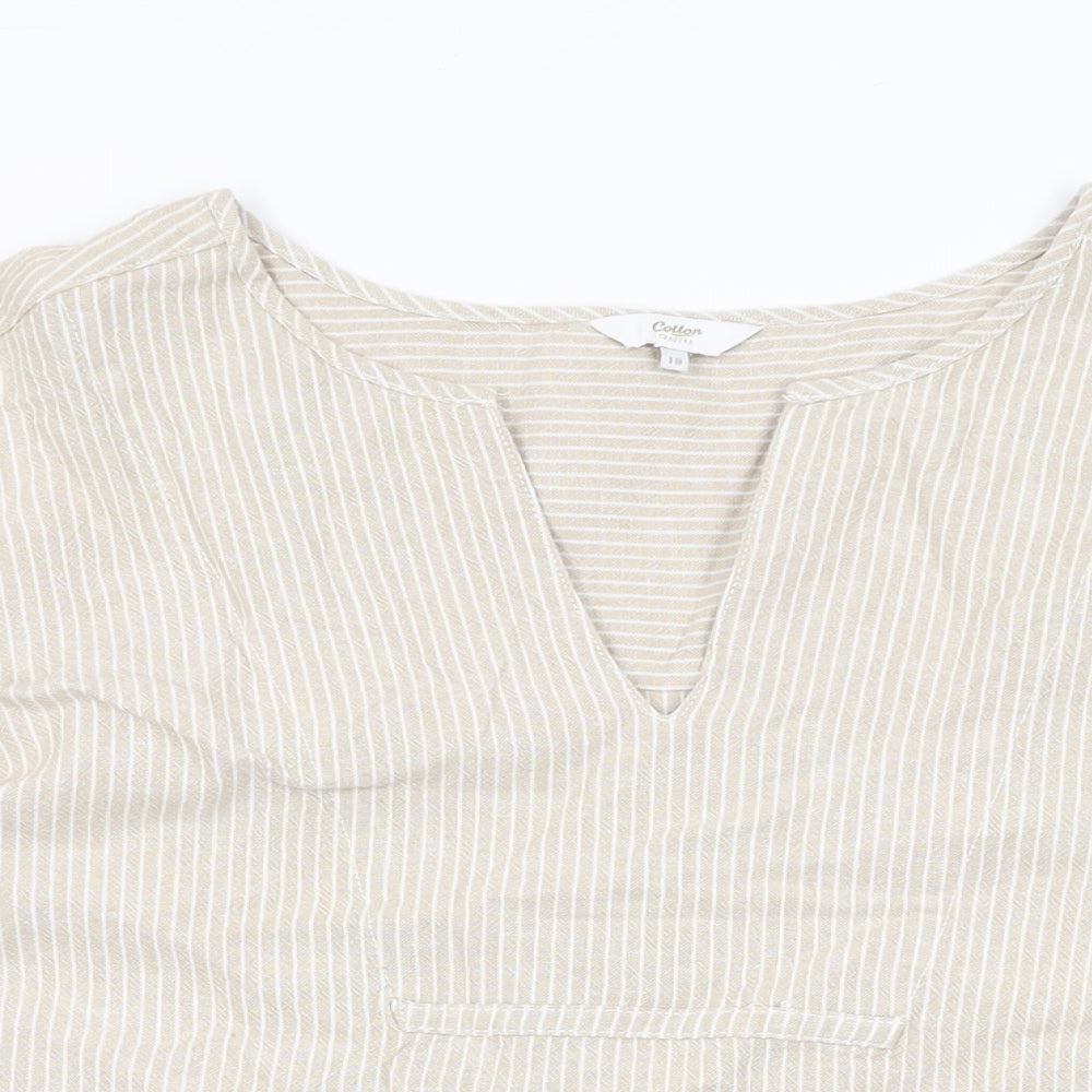 Cotton Traders Womens Beige Striped Linen Basic T-Shirt Size 18 V-Neck