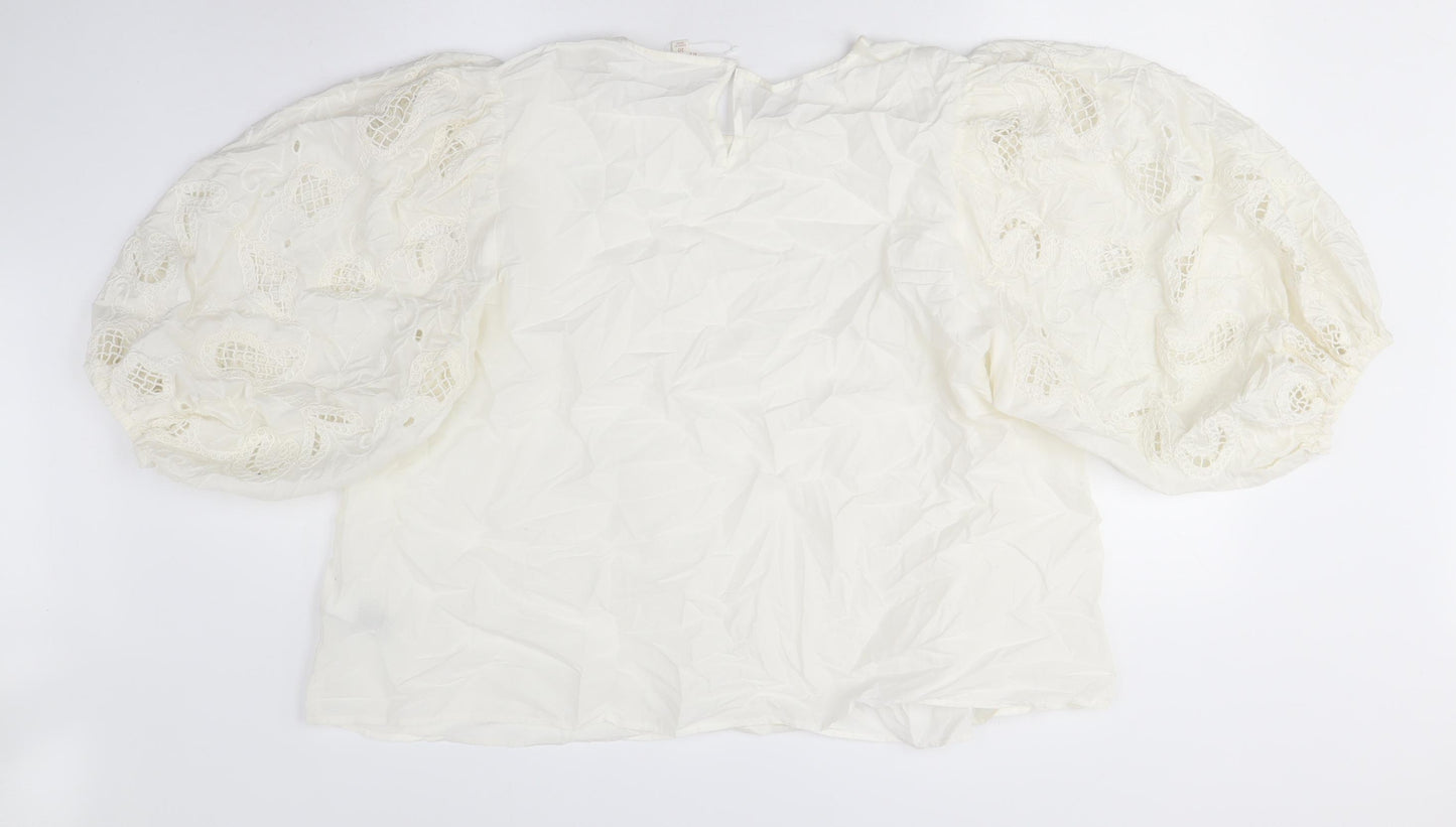 Women's Ivory Embroidered Blouse, Balloon Sleeves, Size 20