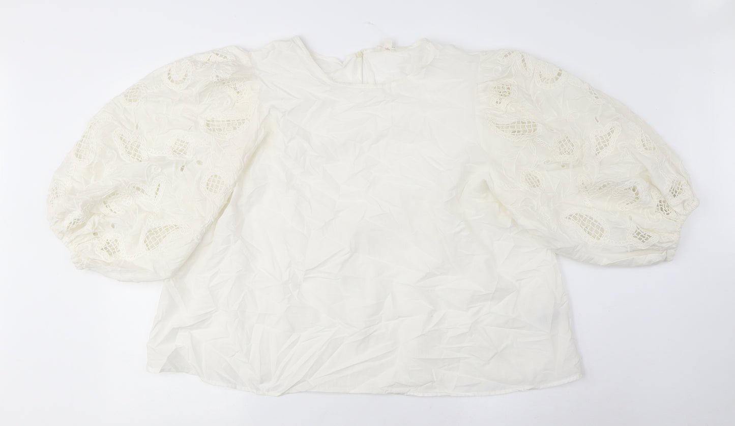 Women's Ivory Embroidered Blouse, Balloon Sleeves, Size 20