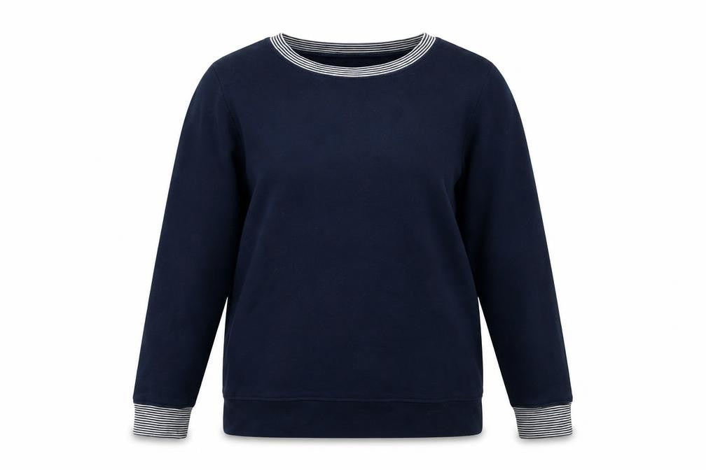 Front view of Lands' End women’s blue cotton pullover sweatshirt, size S, pullover