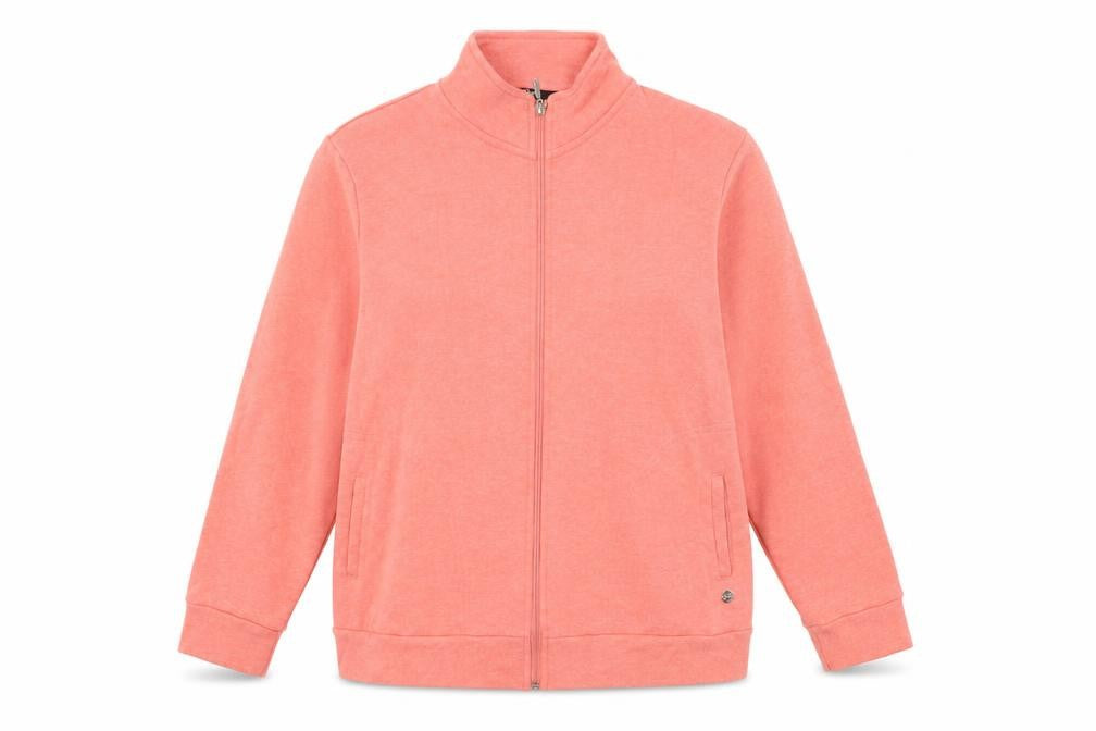 Front view of Emreco women’s orange polyester full zip sweatshirt, size UK 16, zip