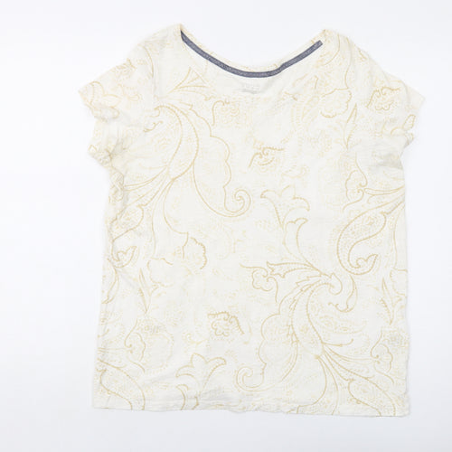 Lands' End Womens Ivory Geometric Cotton Basic T-Shirt Size M Round Neck