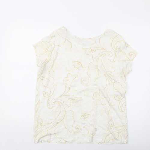 Lands' End Womens Ivory Geometric Cotton Basic T-Shirt Size M Round Neck