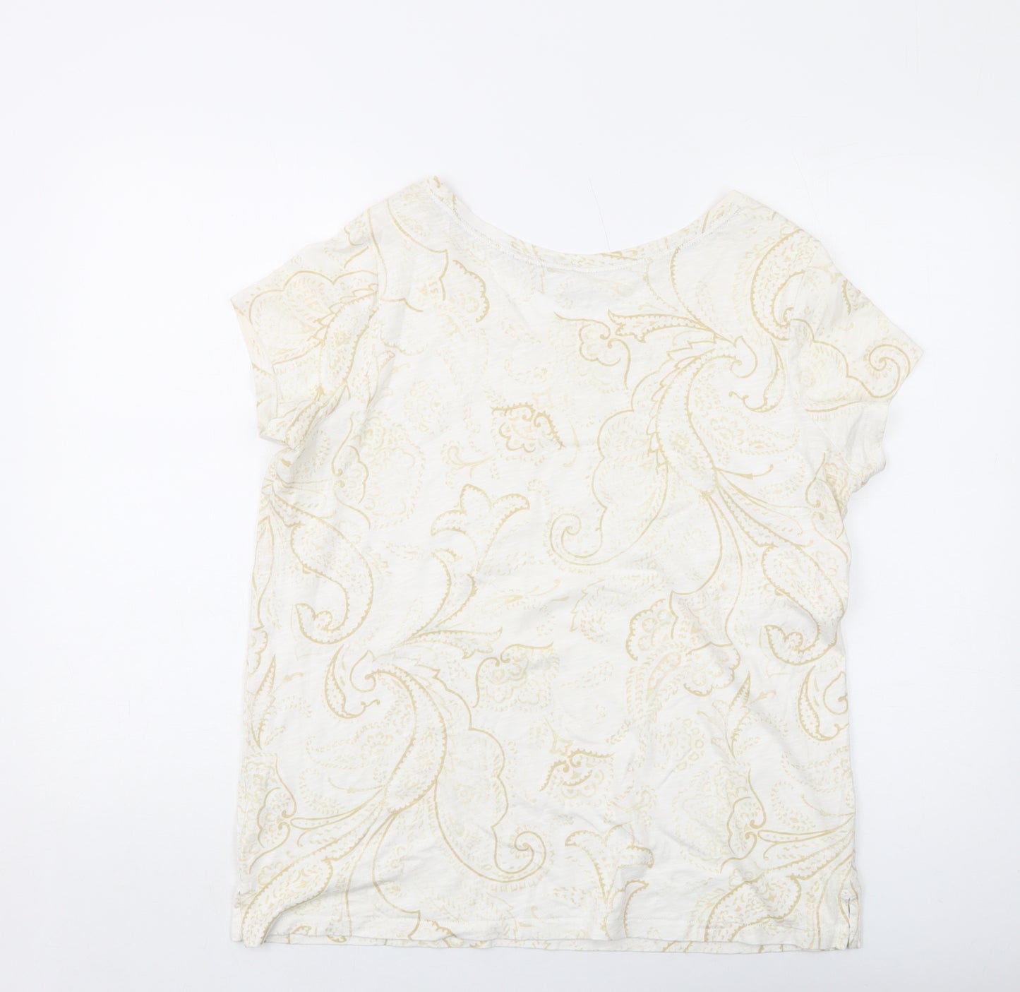 Lands' End Womens Ivory Geometric Cotton Basic T-Shirt Size M Round Neck