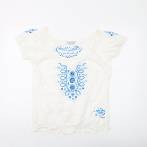 Hard Rock Womens Ivory Geometric Cotton Basic Blouse Size L Round Neck