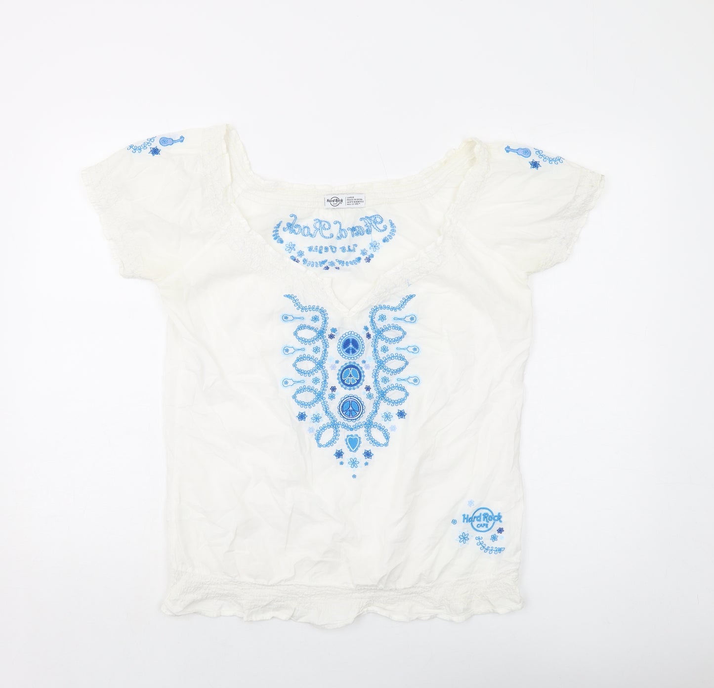 Hard Rock Womens Ivory Geometric Cotton Basic Blouse Size L Round Neck