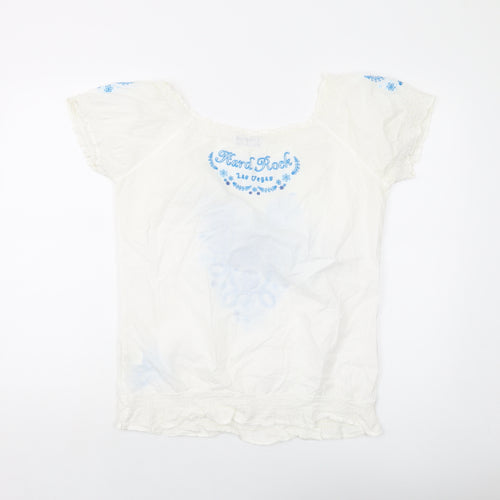 Hard Rock Womens Ivory Geometric Cotton Basic Blouse Size L Round Neck