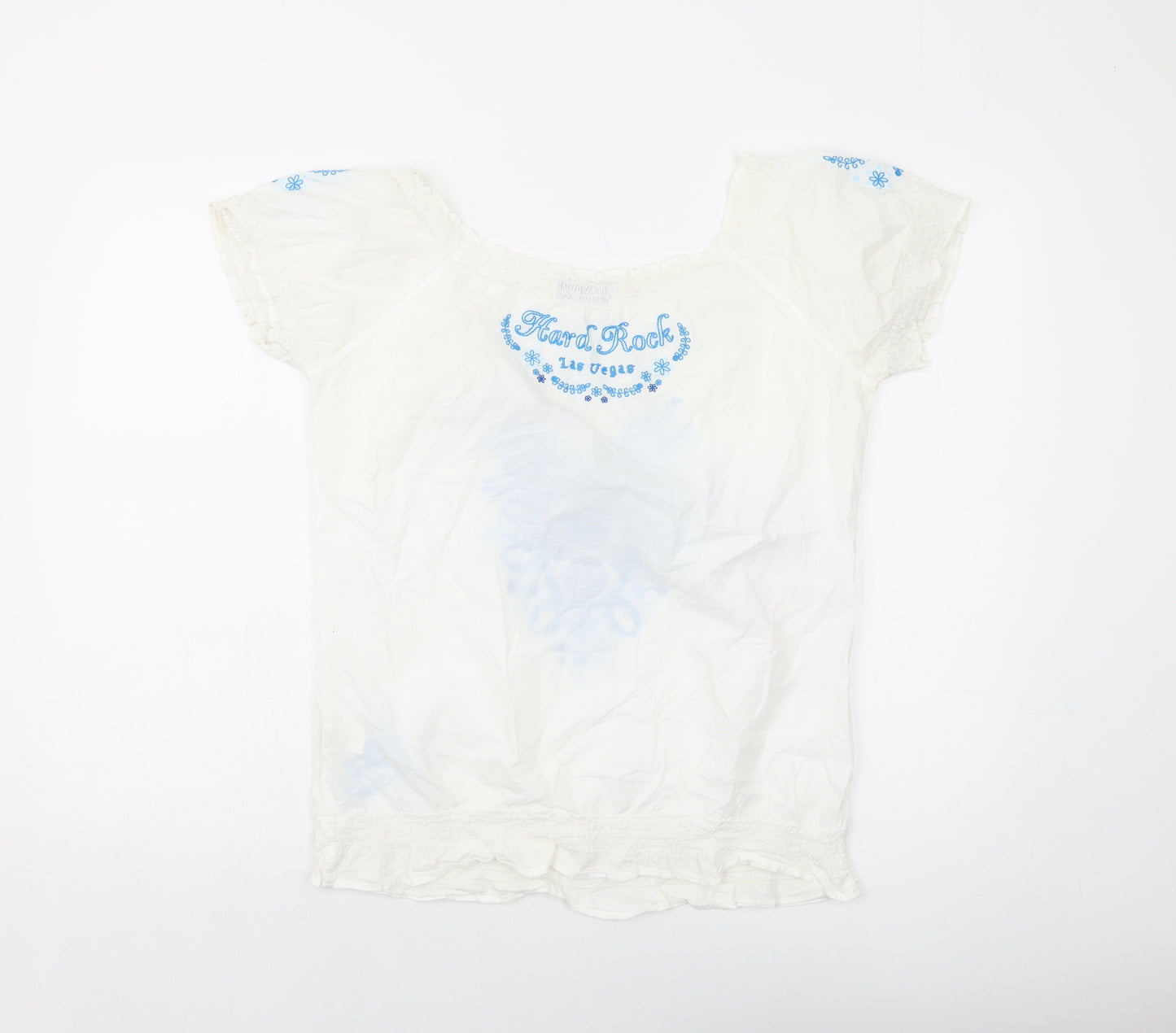 Hard Rock Womens Ivory Geometric Cotton Basic Blouse Size L Round Neck