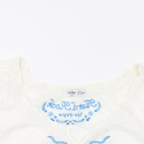 Hard Rock Womens Ivory Geometric Cotton Basic Blouse Size L Round Neck