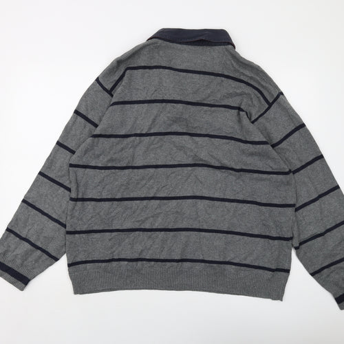 Blue Harbour Mens Grey Collared Striped Cotton Pullover Jumper Size XL Long Sleeve