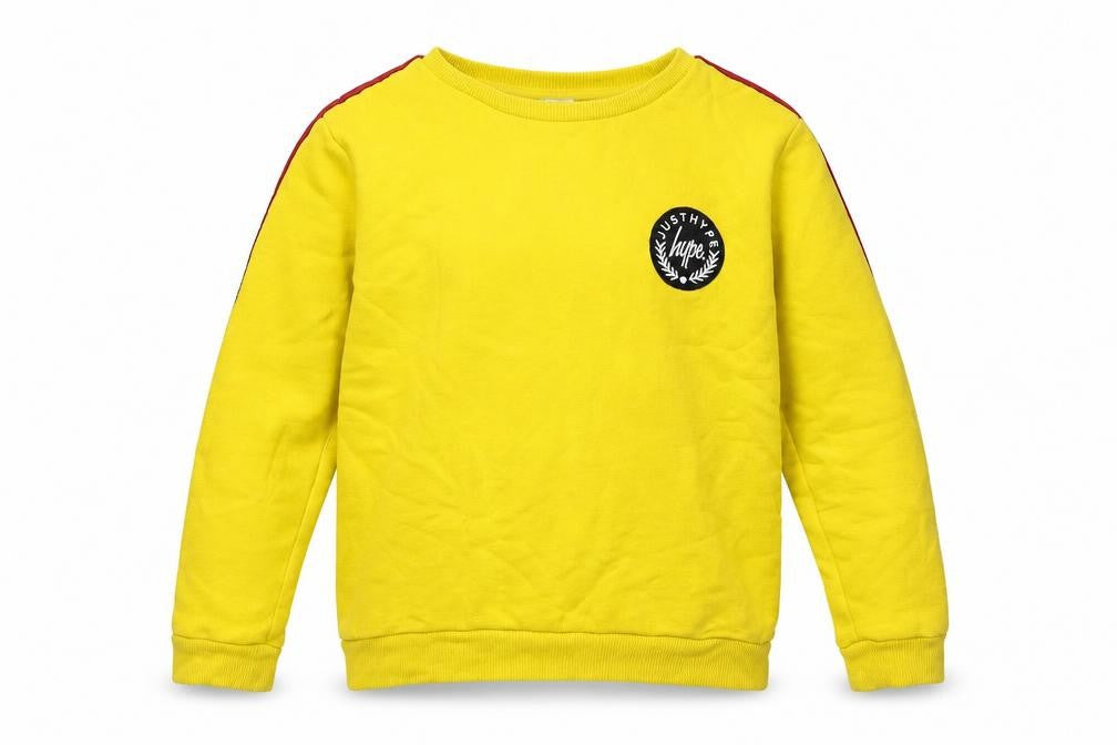 Front view of Hype boys’ yellow cotton pullover sweatshirt, size 13, years pullover