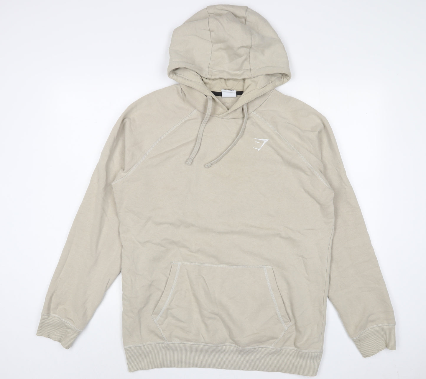 Gymshark Mens Beige Cotton Pullover Hoodie Size M - Logo, Embroidered
