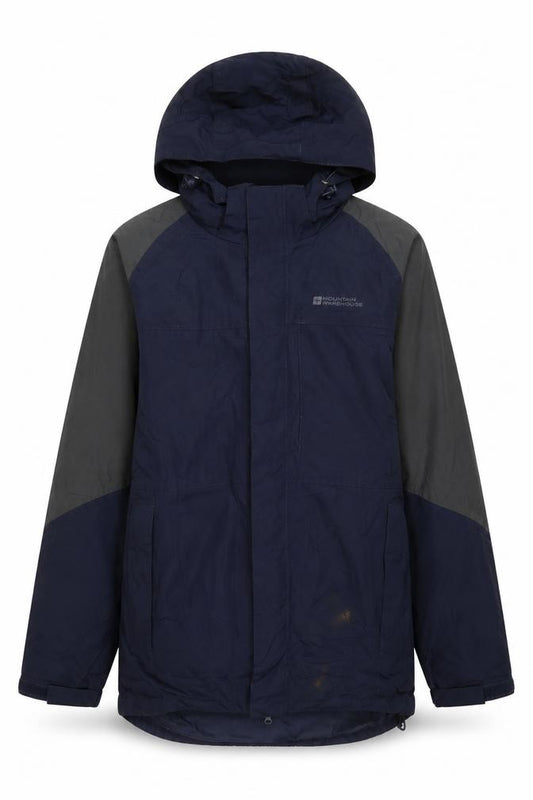 Front view of mountainwa men’s blue jacket coat, size S, zip