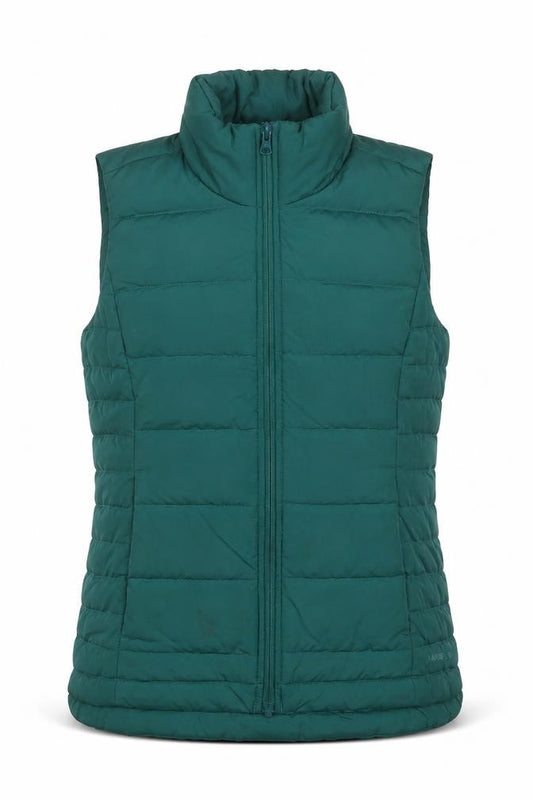 Front view of Landsend women’s green gilet jacket, size XS, zip