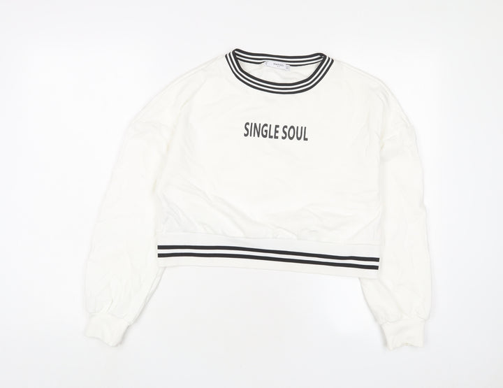 Mango Womens White Cotton Pullover Sweatshirt Size M Pullover - Single Soul