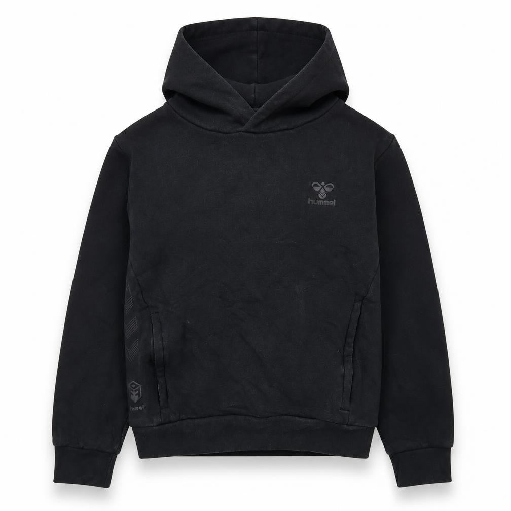 Front view of Hummel boys’ black cotton pullover hoodie, size 12, years pullover