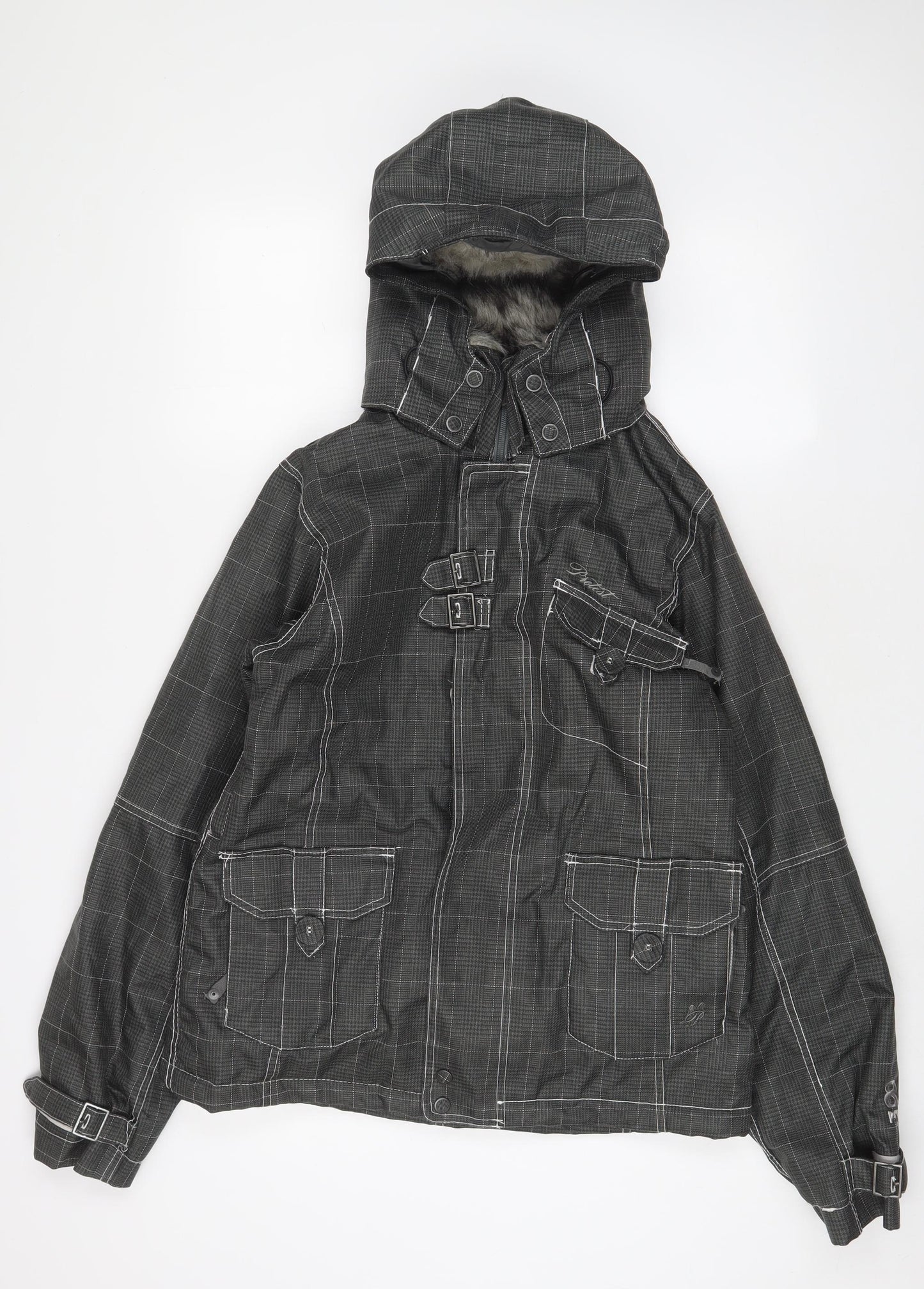Protest Womens Grey Plaid Ski Jacket Coat Size L Zip - Buckles