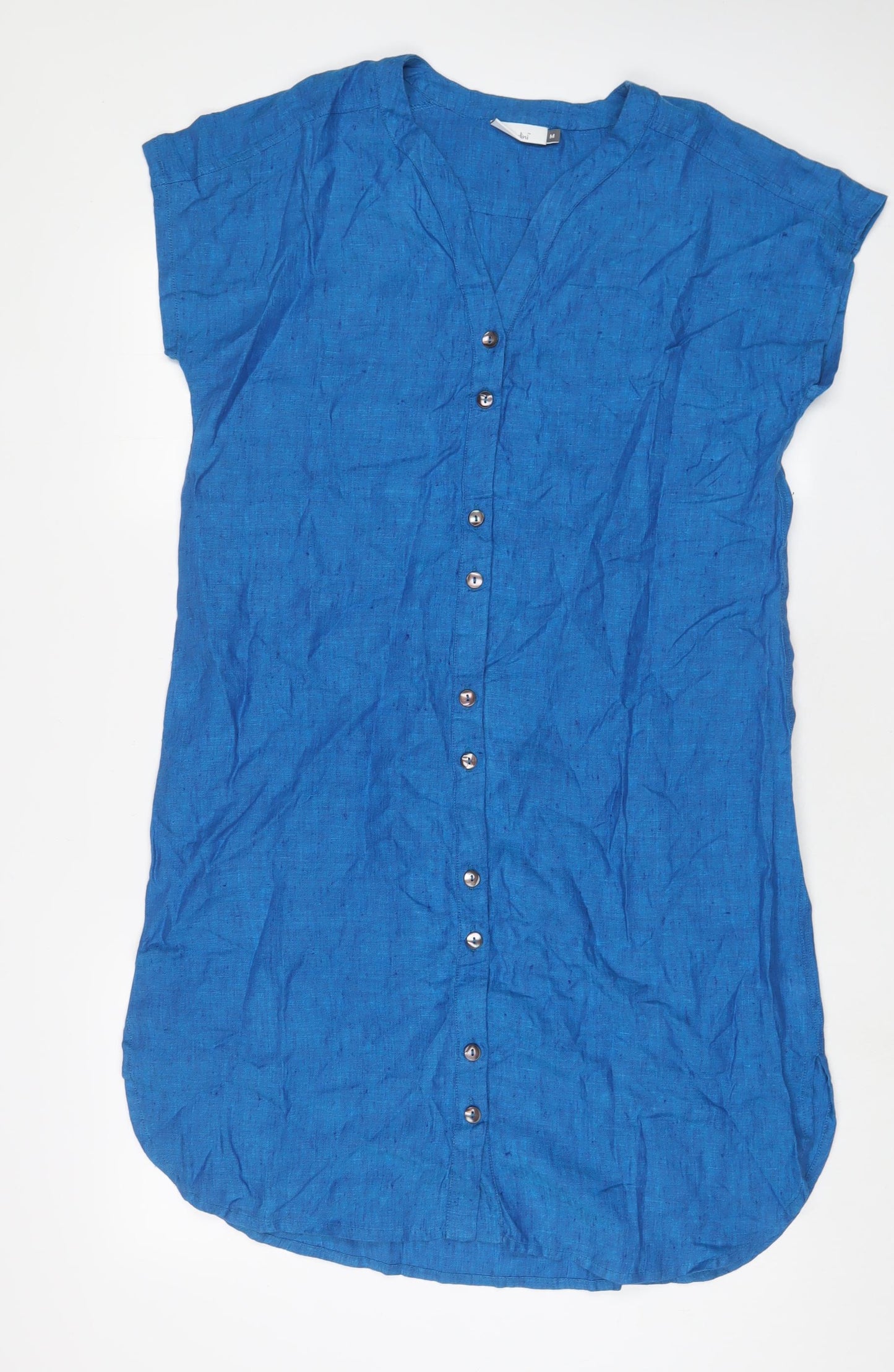 Adini Womens Blue Linen Sheath Size M V-Neck Pullover