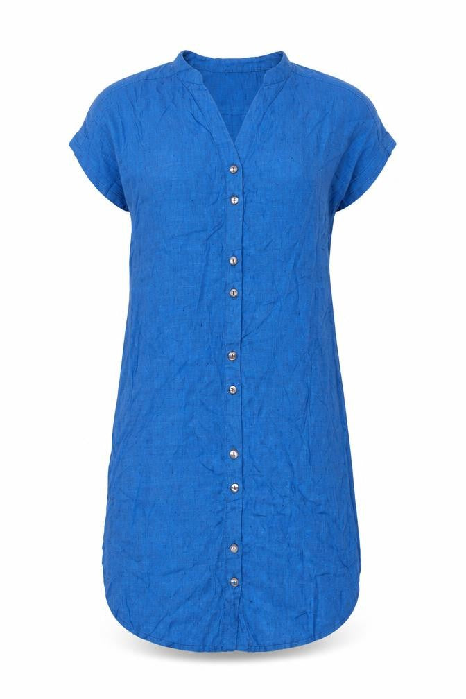 Front view of Adini women’s blue linen sheath, size M, v-neck pullover