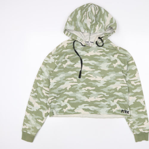 PINK Womens Green Camouflage Cotton Pullover Hoodie Size S Pullover - Logo, Embroidered