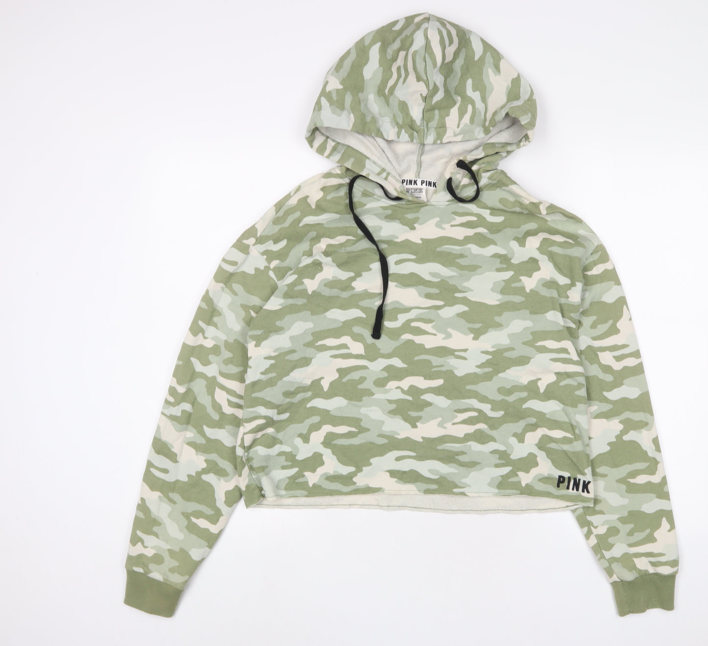 PINK Womens Green Camouflage Cotton Pullover Hoodie Size S Pullover - Logo, Embroidered