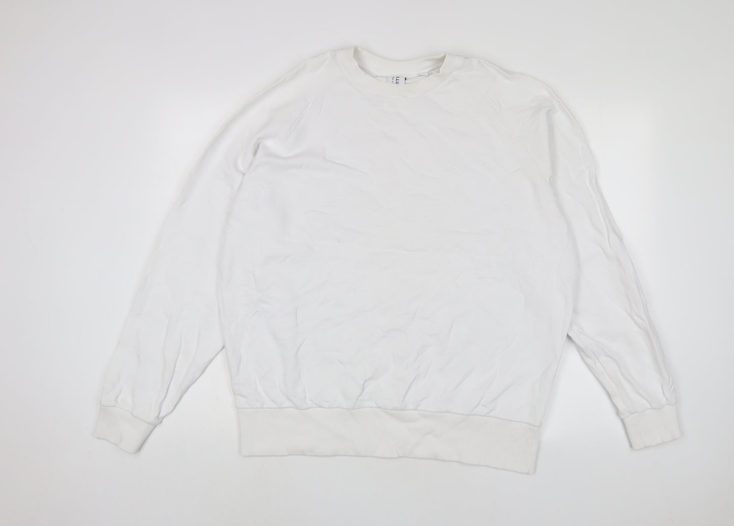 COLLUSION Womens White Cotton Pullover Sweatshirt Size 10 Pullover - Logo, Embroidered