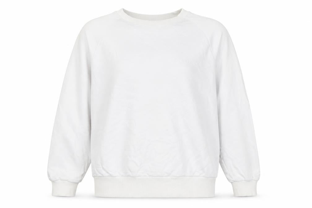 Front view of Collusion women’s white cotton pullover sweatshirt, size UK 10, pullover - logo, embroidered