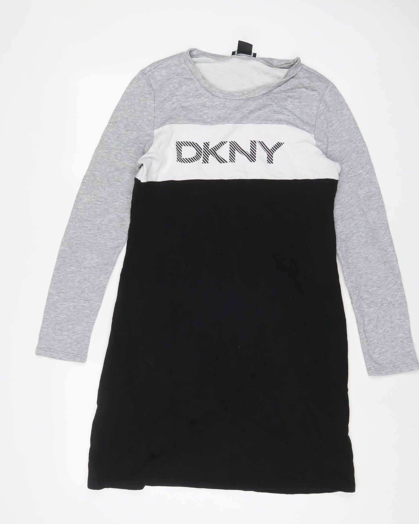 DKNY Womens Grey Cotton Jumper Dress Size L Crew Neck Pullover - Logo