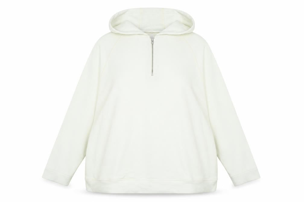 Front view of kin women’s ivory polyester pullover hoodie, size XL, - logo