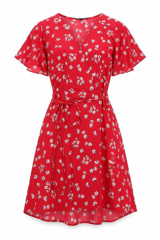 Front view of French Connection women’s red floral polyester a-line, size UK 12, v-neck zip - logo