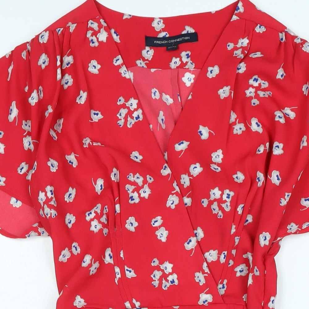 French Connection Womens Red Floral Polyester A-Line Size 12 V-Neck Zip - Logo