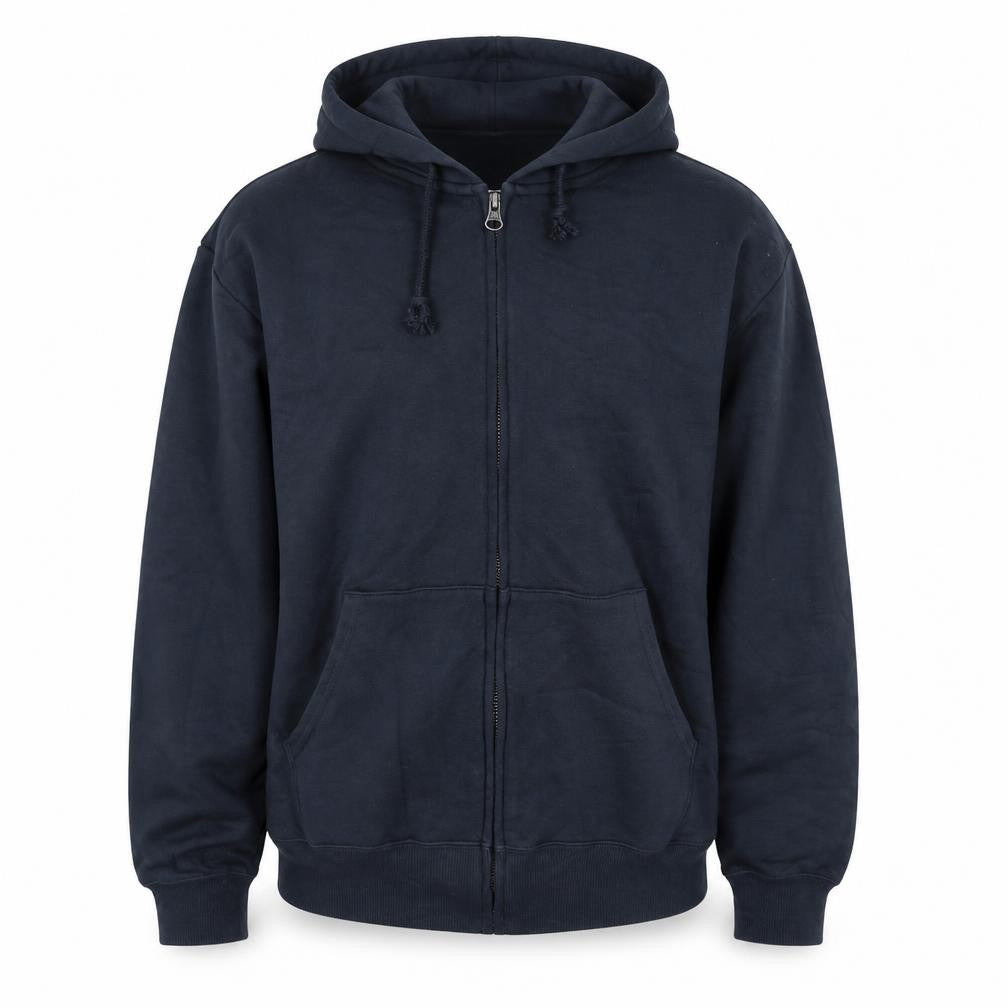 Front view of YKK men’s blue jacket, size S, zip - logo