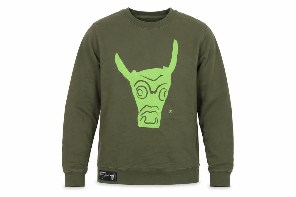 Front view of Ushiwear men’s green polyester pullover sweatshirt, size M, - logo