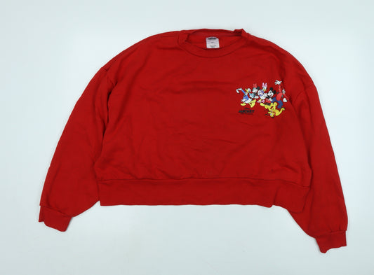 Front view of Disney women’s red polyester pullover sweatshirt, size M, - micky and friends
