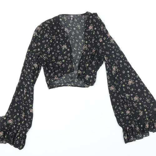 Missguided Womens Black Floral Polyester Cropped Blouse Size 8 V-Neck