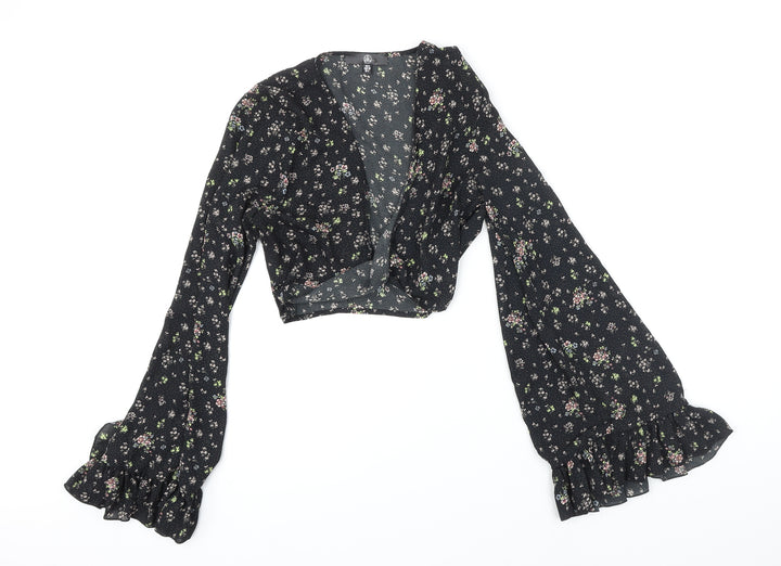 Missguided Womens Black Floral Polyester Cropped Blouse Size 8 V-Neck