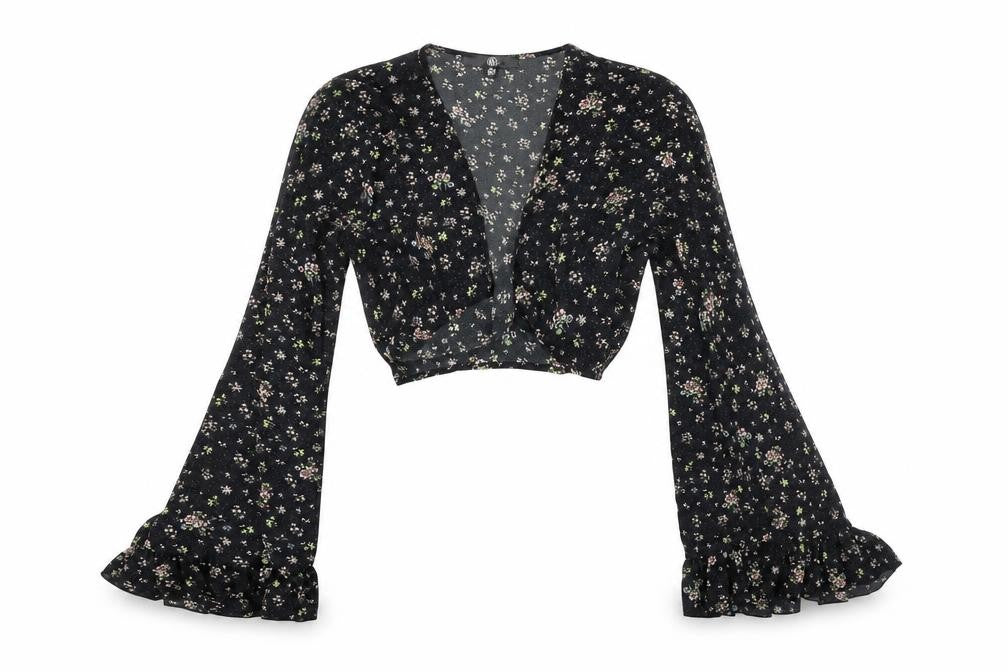 Front view of Missguided women’s black floral polyester cropped blouse, size UK 8, v-neck