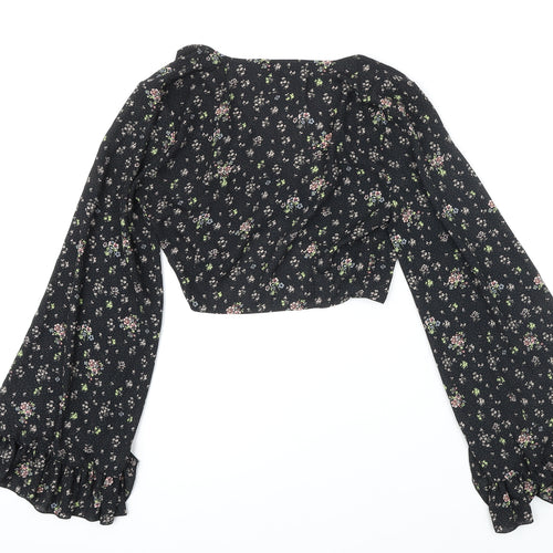 Missguided Womens Black Floral Polyester Cropped Blouse Size 8 V-Neck