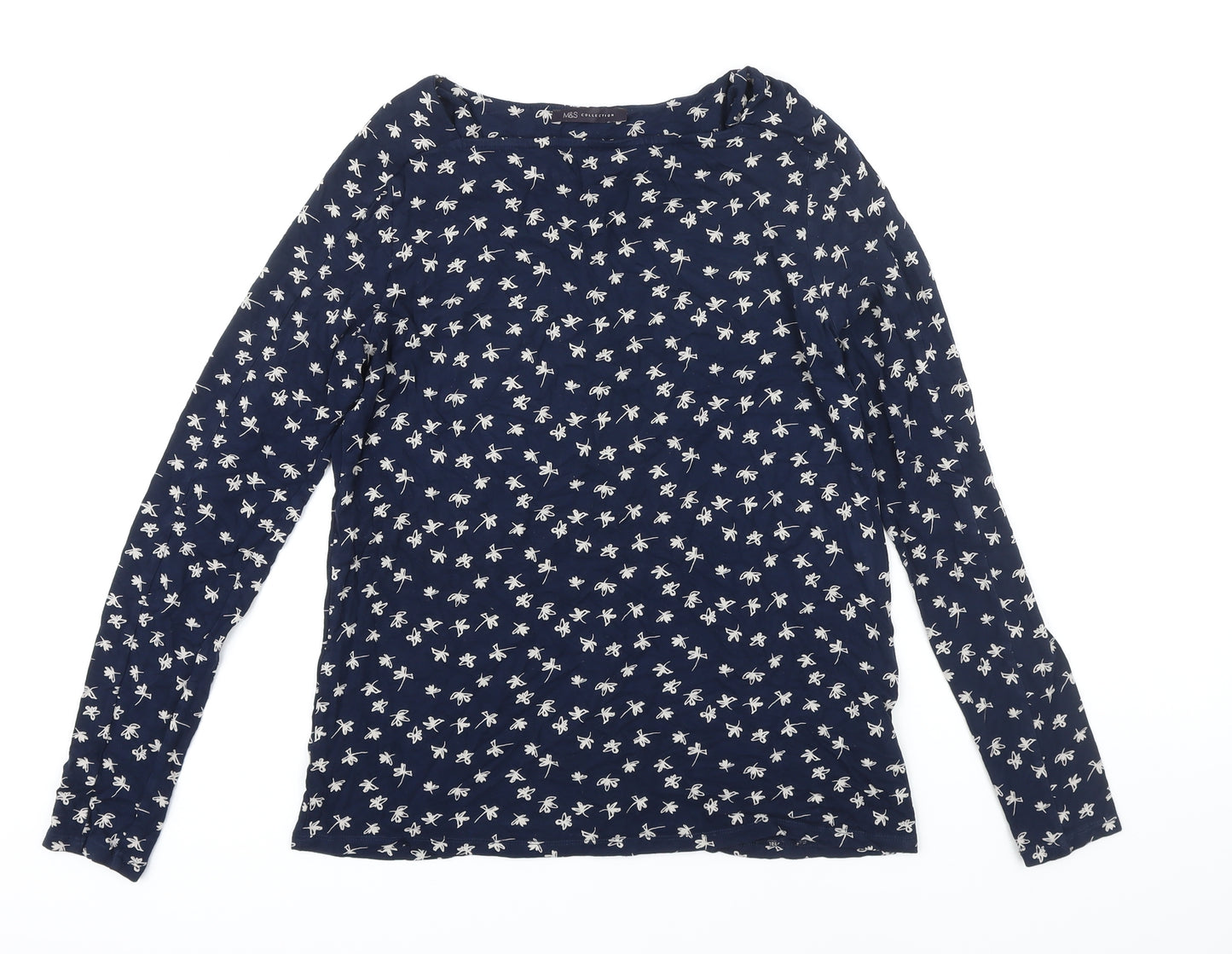 M&S Womens Blue Floral Viscose Basic Blouse Size 12 Boat Neck