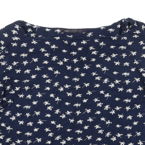 M&S Womens Blue Floral Viscose Basic Blouse Size 12 Boat Neck