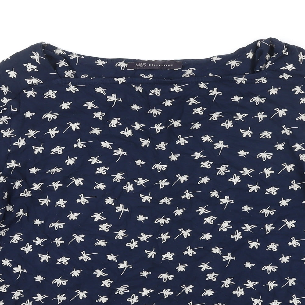 M&S Womens Blue Floral Viscose Basic Blouse Size 12 Boat Neck
