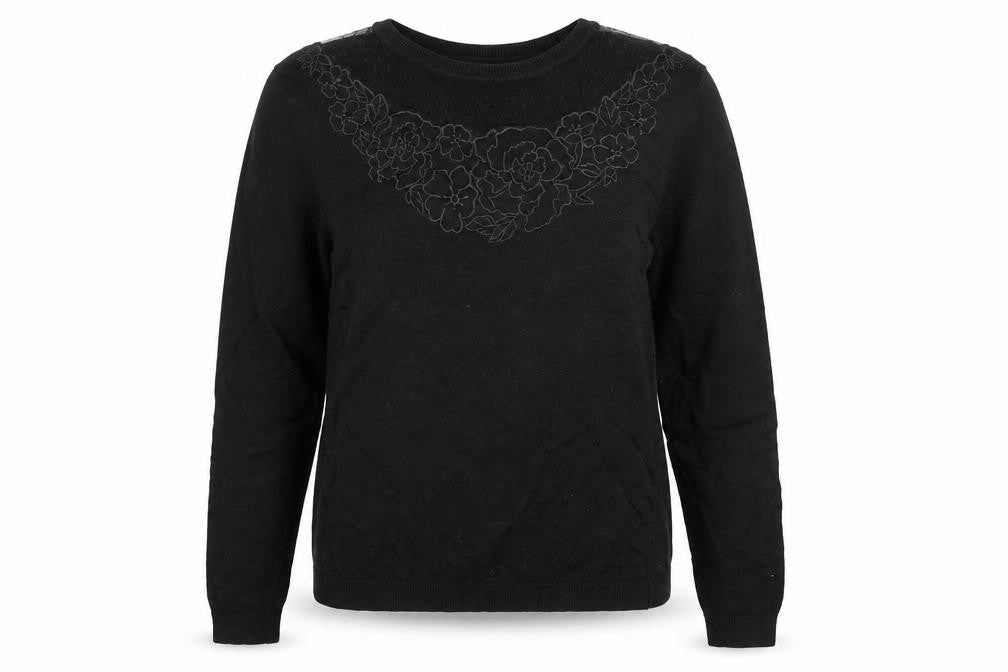 Front view of Warehouse women’s black round neck viscose jumper, size UK 14