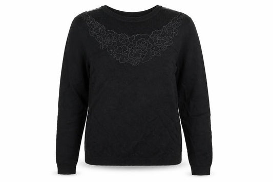 Front view of Warehouse women’s black round neck viscose jumper, size UK 14