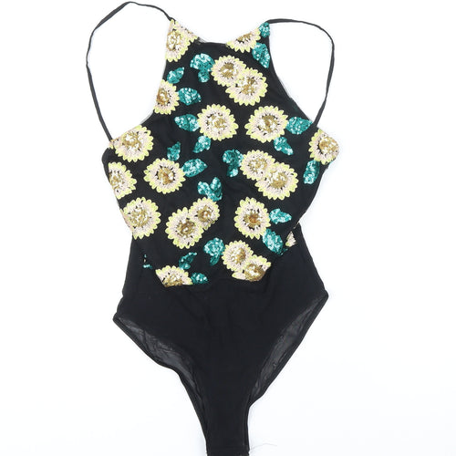 Topshop Womens Black Floral 100% Polyester Bodysuit One-Piece Size 8 Snap - Sequin detail