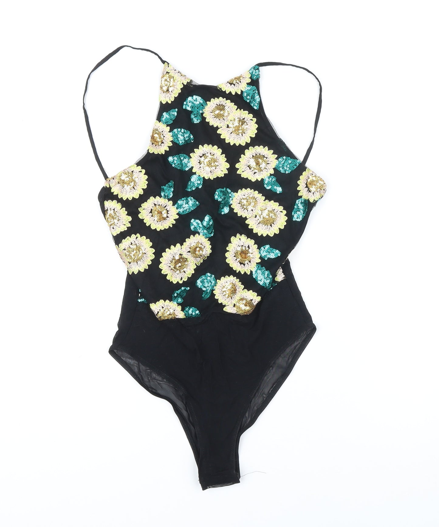 Topshop Womens Black Floral 100% Polyester Bodysuit One-Piece Size 8 Snap - Sequin detail