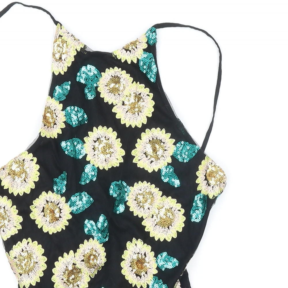 Topshop Womens Black Floral 100% Polyester Bodysuit One-Piece Size 8 Snap - Sequin detail