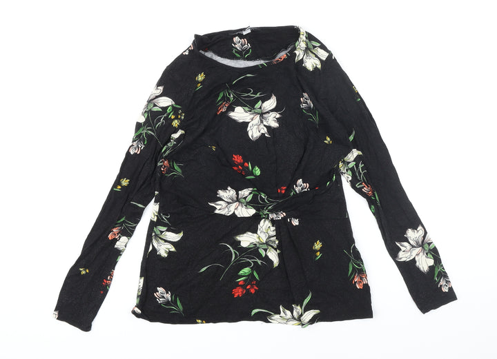 Dorothy Perkins Womens Black Floral Viscose Basic Blouse Size 12 Round Neck