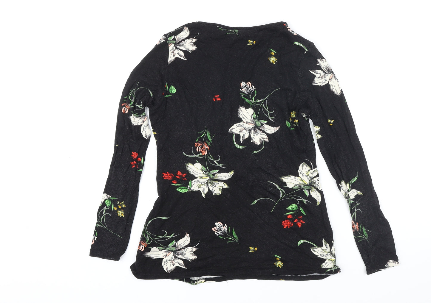 Dorothy Perkins Womens Black Floral Viscose Basic Blouse Size 12 Round Neck